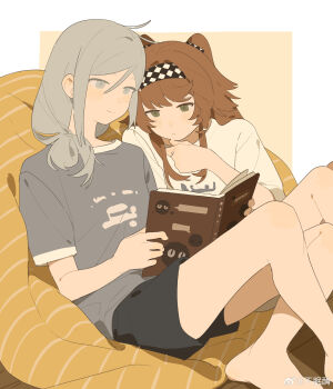 Rule 34 | 2girls, :<, absurdres, bean bag chair, black shorts, book, braid, braided sidelock, bumian mei, checkered hairband, chinese commentary, commentary request, green eyes, grey eyes, grey shirt, hair between eyes, hair over shoulder, hairband, hand up, highres, holding, holding book, long hair, long sidelocks, low-tied long hair, multiple girls, orange hair, reverse:1999, shirt, shorts, sidelocks, sitting, sonetto (reverse:1999), swept bangs, two side up, vertin (reverse:1999), watermark, weibo watermark, white hair, white shirt, yuri