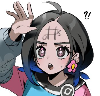 !? 1girl :o bright_pupils brown_eyes brown_hair colored_tips drawing_on_another's_face earrings ebi_(shrimp_eleven) english_text eyelashes flower_earrings forehead forehead_writing gradient_hair highres jacket jewelry large_forehead marker mocking multicolored_hair nintendo open_mouth pink_jacket pokemon pokemon_champions portrait solo_focus speech_bubble surprised sweat tatora_(pokemon) tic-tac-toe white_pupils