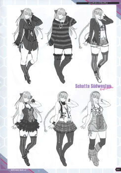 Rule 34 | 1girl, absurdres, alternate hairstyle, artbook, braid, breasts, breasts apart, cleavage, concept art, denim, denim shorts, full body, hair ribbon, highres, large breasts, long hair, looking at viewer, miniskirt, monochrome, multiple views, non-web source, official art, open mouth, parted lips, reference sheet, ribbon, scan, shatte judevesten, shiny skin, shirt, shorts, sketch, skirt, striped clothes, striped shirt, super robot wars, super robot wars x-omega, watanabe wataru (character designer), wide hips