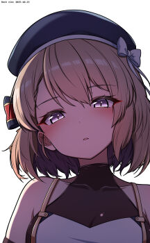 1girl absurdres artist_name azur_lane bare_shoulders beret black_hat blush bow breasts brown_hair dated dress hair_between_eyes hat hat_bow head_tilt highres looking_at_viewer medium_breasts parted_lips purple_eyes rock_zinc see-through_cleavage see-through_clothes simple_background solo striped_bow upper_body white_background white_bow white_dress z23_(azur_lane)