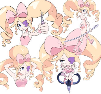 1girl ass bikini blonde_hair blue_eyes boots bow breasts cleavage colored_eyepatch dress drill_hair eyepatch frown harime_nui heart highres kill_la_kill lolita_fashion looking_up lotsalalalas needle pink_boots pink_bow pink_dress scissors sitting smile swimsuit tongue tongue_out twin_drills tying_hair white_background wrist_cuffs