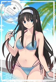 1girl alternate_breast_size_(larger) bikini black_hair blue_sky bracelet breasts collarbone grey_bikini hairband halterneck highres hirakawa jewelry long_hair looking_at_viewer navel palm_leaf poolside side-tie_bikini_bottom sky solo swimsuit tohno_akiha tsukihime white_hairband