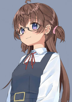 1girl ahoge amemiya_sekira black-framed_eyewear blue_dress blush breasts brown_hair closed_mouth collared_shirt dress dress_shirt glasses grey_background hair_between_eyes highres long_hair neck_ribbon original pinafore_dress purple_eyes red_ribbon ribbon sekira_ame semi-rimless_eyewear shirt simple_background sleeveless sleeveless_dress small_breasts smile solo two_side_up under-rim_eyewear upper_body very_long_hair white_shirt