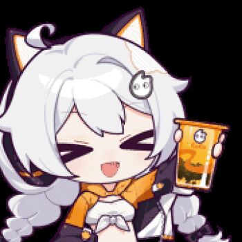 &gt;_&lt; 1girl animal_ears animated animated_gif blue_eyes bubble_tea cat_ears chibi drink fake_animal_ears hair_between_eyes hair_ornament holding holding_drink honkai_(series) honkai_impact_3rd jacket kiana_kaslana kiana_kaslana_(coco) long_hair lowres midriff official_art orange_jacket shirt tied_shirt very_long_hair white_shirt