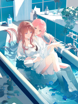 2girls absurdres bang_dream! bang_dream!_it&#039;s_mygo!!!!! bath bathtub blue_eyes blush brown_hair chihaya_anon chinese_commentary closed_mouth commentary_request commission grey_eyes highres hiroww indoors long_hair long_sleeves multiple_girls nagasaki_soyo open_mouth partially_submerged pink_hair same-sex_bathing second-party_source shared_bathing shirt smile soap_bottle water white_shirt yuri