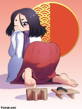 1girl all_fours artist_name ass barefoot black_eyes black_hair blush brown_sandals covering_own_mouth dot_nose female_focus from_behind fuki_(kunoichi_tsubaki_no_mune_no_uchi) hakama hakama_skirt japanese_clothes kimono konan_exe kunoichi_tsubaki_no_mune_no_uchi loli long_hair looking_at_viewer looking_back matching_hair/eyes purple_scarf red_skirt sandals scarf simple_background skirt sleeves_past_fingers sleeves_past_wrists solo toes unworn_sandals white_kimono