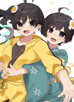 Rule 34 | 2girls, :d, \||/, absurdres, ahoge, araragi karen, araragi tsukihi, black eyes, black hair, black shirt, breasts, commentary, cowboy shot, egg hair ornament, eyelashes, fang, floral print, floral print kimono, food-themed hair ornament, fried egg, front-to-back, green kimono, hair between eyes, hair ornament, highres, hood, hood down, hug, hug from behind, jacket, japanese clothes, kimono, long hair, long sleeves, looking at viewer, medium breasts, monogatari (series), multiple girls, nisemonogatari, notice lines, open clothes, open jacket, open mouth, outstretched arms, print kimono, shirt, short hair, shorts, siblings, side ponytail, single vertical stripe, sisters, skin fang, smile, standing, star (symbol), tsugumi (tgm 615486), untranslatable commentary, v-shaped eyebrows, white background, wide sleeves, yellow jacket, yellow shorts