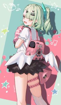 Rule 34 | 1girl, absurdres, arm warmers, black skirt, commentary request, cowboy shot, earrings, fang, from behind, fur-trimmed skirt, fur trim, green background, green eyes, green hair, highres, jewelry, looking at viewer, looking back, megaphone, multiple hair clips, multiple thigh straps, musical note, musical note earrings, open mouth, peng kun, pink arm warmers, pink background, pink bag, ponytail, shadow, shirt, skindentation, skirt, solo, sparkling eyes, star (symbol), striped arm warmers, sunna (zenless zone zero), thigh strap, twitter username, two-tone background, white shirt, white wings, winged bag, winged heart, wings, zenless zone zero