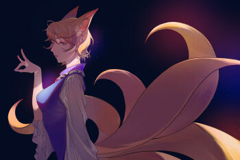 1girl absurdres adapted_costume ahoge animal_ear_fluff animal_ears blonde_hair blue_dress blue_nails breasts collar dress expressionless eyelashes fingernails fox_ears fox_shadow_puppet fox_tail frilled_collar frilled_sleeves frills from_side hair_between_eyes half-closed_eyes hand_up highres huge_filesize layered_dress light light_particles light_rays lips long_sleeves looking_past_viewer looking_to_the_side medium_breasts multiple_tails nail_polish no_headwear parted_lips pink_lips shadow short_hair solo static tail touhou upper_body white_dress wide_sleeves xianyu_liang yakumo_ran