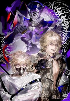 1boy armor asandag75379 blonde_hair brown_shirt character_request helmet highres kamen_rider kamen_rider_ouja kamen_rider_ryuki_(series) multiple_views purple_armor purple_helmet shirt tokusatsu upper_body