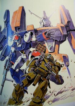 company_connection crossover densetsu_kyojin_ideon ginga_hyouryuu_vifam gun holding holding_gun holding_weapon ideon looking_at_viewer looking_up mecha missile_pod multiple_crossover no_humans open_hand radio_antenna retro_artstyle robot science_fiction scopedog shell_casing soukou_kihei_votoms sunrise_(company) suzuki_masahisa vifam visor weapon