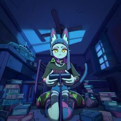 1girl angry animal_ears animated artist_name blue_hair cartridge ceiling_fan coffee_mug collar controller cup decepticon full_body playing_games green_eyes kneeling kouyooou kung-fu-piggy mug multiple_expressions radio room sad sammy_(kung-fu-piggy) shoes shorts sound striped_clothes striped_thighhighs tagme tail thighhighs video video_game window zutto_mayonaka_de_ii_no_ni