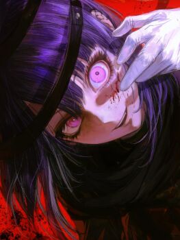 Rule 34 | 1boy, blood, blood on face, colored inner hair, ear piercing, eyelashes, fang, gloves, hand up, highres, last defense academy school uniform, male focus, medium hair, multicolored hair, piercing, pink eyes, purple hair, red background, school uniform, seapall, solo, the hundred line -last defense academy-, tsukumo ima, upper body, white gloves