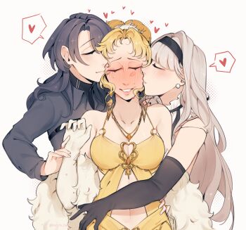 3girls absurdres black_gloves black_hair black_hairband black_shirt blonde_hair blush breasts chief_(path_to_nowhere) cleavage closed_eyes closed_mouth collared_shirt commentary dress elbow_gloves english_commentary female_chief_(path_to_nowhere) girl_sandwich gloves grey_hair hairband heart highres jewelry korichi_celeste large_breasts lipstick_mark lipstick_mark_on_face long_hair milly_(path_to_nowhere) multiple_girls necklace path_to_nowhere sallie_(path_to_nowhere) sandwiched shirt simple_background spoken_heart white_background white_gloves yellow_dress yuri