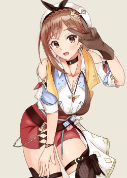 1girl atelier_(series) atelier_ryza atelier_ryza_3 beret braid breasts brown_eyes brown_gloves brown_hair brown_vest choker cleavage clover_hair_ornament collarbone crown_braid earrings floating_earrings gloves hair_ornament hand_up hat hayaki_hisui highres jewelry key key_necklace large_breasts leaning_forward leather leather_belt leather_gloves multiple_necklaces necklace open_mouth red_shorts reisalin_stout short_hair short_shorts shorts single_glove solo star_(symbol) star_choker star_earrings star_necklace thighhighs thighs v vest white_hat x_hair_ornament