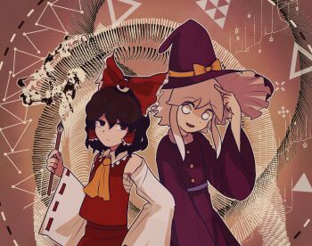 2others absurdres androgynous ascot bare_shoulders black_eyes black_hair boots bow brown_boots buttons calligraphy_brush chest_sarashi closed_mouth collared_vest cosplay cowboy_shot detached_sleeves dot_nose dress enraku_tsubakura ex_mugennumaya expressionless eye_hair_ornament eye_of_senri frilled_bow frilled_hair_tubes frilled_headwear frilled_vest frills hair_between_eyes hair_bow hair_tubes hakurei_reimu hakurei_reimu_(cosplay) hand_on_own_head happy hat hat_bow high-waist_skirt highres holding holding_calligraphy_brush holding_paintbrush houlen_yabusame ink kirisame_marisa kirisame_marisa_(cosplay) kirisame_marisa_(pc-98) len&#039;en light_frown long_sleeves looking_at_another medium_hair multiple_others open_mouth other_focus paintbrush purple_dress purple_hat red_bow red_skirt red_vest ribbon-trimmed_sleeves ribbon_trim sarashi short_hair_with_long_locks sidelocks skirt skirt_set smile touhou touhou_(pc-98) triangle vest wavy_hair white_eyes white_hair white_sleeves wide_sleeves witch_hat yellow_ascot yellow_bow