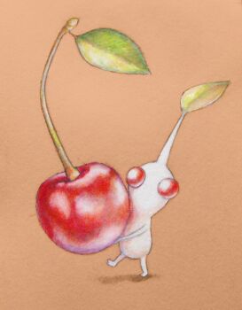 brown_background cherry colored_pencil_(medium) colored_skin commentary cortoony english_commentary food fruit holding holding_food holding_fruit leaf looking_at_viewer marker_(medium) no_humans painting_(medium) pikmin_(creature) pikmin_(series) red_eyes shadow tiny traditional_media walking watercolor_(medium) white_pikmin white_skin