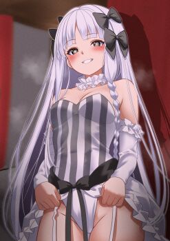 1girl absurdres bare_shoulders black_bow black_eyes blush bow braid breasts cleavage collar colored_inner_hair commentary detached_sleeves dress english_commentary fate/strange_fake fate_(series) francesca_prelati_(fate) frilled_collar frills garter_straps grey_hair grin hair_bow highres long_hair looking_at_viewer medium_breasts multicolored_hair panties parted_bangs ringed_eyes sidelocks smile solo striped_clothes striped_dress thighhighs thighs underwear very_long_hair white_dress white_hair white_panties white_thighhighs xueli_shimazaki