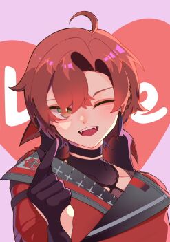 1boy ahoge bishounen black_choker black_gloves bottojan choker english_text fang finger_heart gloves hair_between_eyes heart highres holostars holostars_english looking_at_viewer machina_x_flayon male_focus one_eye_closed open_mouth pink_background red_eyes red_hair short_hair simple_background smile solo teeth upper_body upper_teeth_only virtual_youtuber