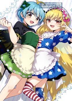Rule 34 | 2girls, alternate costume, american flag dress, american flag legwear, antennae, apron, artist name, back bow, black dress, blonde hair, blue hair, blue thighhighs, blush, bow, bow hairband, breasts, brown eyes, butterfly wings, buttons, clenched hand, clownpiece, commentary request, cowboy shot, dress, enmaided, eternity larva, fairy wings, fang, fingernails, frilled hairband, frills, green bow, green dress, hair between eyes, hair bow, hairband, hand up, highres, insect wings, long hair, looking at viewer, maid, medium breasts, minaminami namino, mismatched thighhighs, multicolored dress, multiple girls, open mouth, pink bow, pink hairband, polka dot hairband, puffy short sleeves, puffy sleeves, red eyes, shadow, short hair, short sleeves, small breasts, smile, sparkle, standing, star (symbol), star print, striped background, striped clothes, striped dress, striped thighhighs, thighhighs, thighs, tongue, touhou, transparent wings, v, very long hair, waist apron, white apron, white background, white bow, white thighhighs, wings, zettai ryouiki