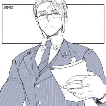 Rule 34 | 1boy, alternate costume, character name, collared shirt, commentary, english commentary, facial mark, final fantasy, final fantasy xiv, forehead mark, from below, frown, glasses, greyscale, hair pulled back, hiryuu (kugelcruor), holding, holding paper, male focus, monochrome, necktie, paper, pin, pinstripe jacket, pinstripe pattern, shirt, solo, updo, watch, white background, white shirt, wristwatch, zenos yae galvus