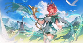 1girl absurdres bare_shoulders bird blue_sky ciaccona_(wuthering_waves) cloud cloudy_sky dress frilled_wrist_cuffs frills green_eyes highres horns instrument long_hair open_mouth outdoors red_hair short_sleeves shu_bing sky smile solo standing tacet_mark_(wuthering_waves) white_wrist_cuffs wrist_cuffs wuthering_waves