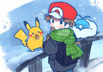 Rule 34 | 1boy, amesuupu, backpack, bag, baseball cap, black bag, black jacket, blue pants, blush, brown hair, commentary request, denim, dot nose, eating, food in mouth, gen 1 pokemon, gen 3 pokemon, green scarf, hat, jacket, jeans, looking back, male focus, nintendo, outdoors, pants, patterned clothing, pikachu, pokemon, pokemon frlg, railing, red (pokemon), red hat, scarf, short hair, snow, snowflakes, snowing, solo, standing, swablu, watermark