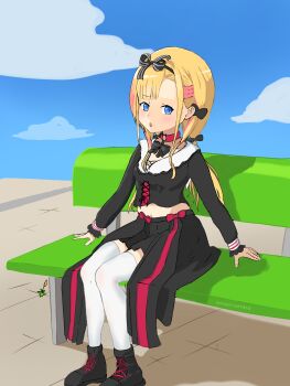 Rule 34 | 1girl, absurdres, amakomo linon, bench, black boots, blonde hair, blue eyes, boots, choker, highres, multicolored hair, on bench, park bench, red choker, ribbon, school uniform, siegfried1810, thighhighs, twintails, two-tone hair, vee (vtuber), virtual youtuber, white thighhighs, zettai ryouiki