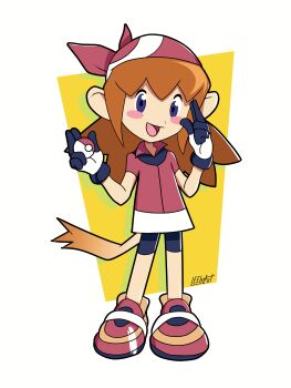 1girl :d absurdres animal_ears artist_name bandana bike_shorts bike_shorts_under_skirt blue_eyes blue_gloves blue_shorts blush_stickers brown_hair collared_shirt commentary cosplay curled_fingers drop_shadow full_body furry furry_female gloves hands_up highres holding holding_poke_ball kaze_no_klonoa leehzart legs_apart lolo_(klonoa) long_hair looking_at_viewer may_(pokemon) may_(pokemon)_(cosplay) monkey_ears monkey_girl monkey_tail nintendo open_mouth poke_ball poke_ball_(basic) pokemon pokemon_rse red_bandana red_shirt red_shoes shirt shoes short_sleeves shorts signature simple_background skirt smile solo standing tail two-tone_background two-tone_gloves white_background white_gloves white_skirt yellow_background