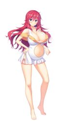 Rule 34 | 1girl, andrea kuki-murakami, barefoot, blue eyes, breasts, cleavage, dress, feet, full body, grin, hand on own hip, highres, hinata nao, huge breasts, long hair, navel, official alternate costume, official art, photoshop (medium), pregnant, red hair, sex underworld e youkoso!, short dress, smile, solo, standing, stomach, sword, tachi-e, toes, transparent background, weapon, white dress