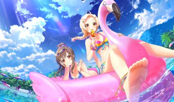 2girls :p aisaka_koko barefoot beach_chair beach_umbrella bikini blonde_hair bracelet braid braided_ponytail breasts brown_hair cinderella_series cleavage closed_mouth cloud collarbone cumulonimbus_cloud eyewear_on_head fisheye flamingo_raft game_cg hachigatsu_no_cinderella_nine hair_bun hair_ornament hair_scrunchie hairclip hand_on_own_cheek hand_on_own_face highres jewelry lens_flare light_particles light_rays long_hair looking_at_viewer low_ponytail lying mountain multicolored_bikini multicolored_scrunchie multiple_girls non-web_source official_alternate_hairstyle official_art orange_eyes outdoors palm_tree ponytail pool reflection reflective_liquid scrunchie shiina_yukari_(hachigatsu_no_cinderella_nine) side-tie_bikini_bottom single_braid single_hair_bun sitting sky smile string_bikini sunbeam sunlight swimsuit tongue tongue_out tree umbrella water wavy_hair wet wrist_scrunchie