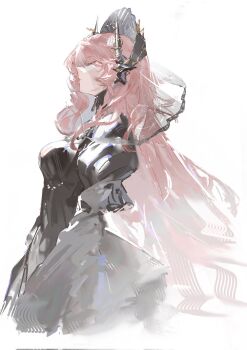 1girl arknights black_skirt breasts closed_eyes demon_horns dress from_side hashtag-only_commentary highres horns long_hair nbrush19 pink_hair profile simple_background skirt small_breasts theresa_(arknights) theresa_(condolence)_(arknights) very_long_hair white_background