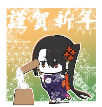 Rule 34 | 1girl, black hair, chibi, colored skin, commentary request, floral print, food, hair between eyes, hair ornament, higaragi, highres, holding, japanese clothes, kantai collection, kimono, kine, long hair, long sleeves, mallet, mochi, mochitsuki, nachi (kancolle), new year, no mouth, obi, sash, side ponytail, solo, very long hair, white skin, wide sleeves