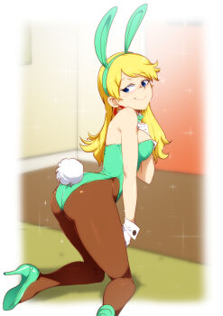 1girl animal_ears aqua_bow aqua_bowtie aqua_leotard aqua_shoes ass bare_arms bare_shoulders blonde_hair blue_eyes blush bow bowtie brown_pantyhose commentary detached_collar english_commentary fake_animal_ears female_focus gloves hairband hand_on_own_chest high_heels highres indoors jcm2 kneeling leni_loud leotard long_hair looking_at_viewer looking_back pantyhose playboy_bunny rabbit_ears rabbit_tail shoes solo sparkle tail the_loud_house white_gloves
