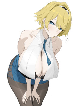 1girl ? absurdres bare_shoulders black_bra black_hairband black_pantyhose blonde_hair blue_eyes blue_necktie blue_skirt bra breasts cleavage closed_mouth collarbone collared_shirt commentary_request crop_top earrings ecarte_roon girls'_frontline girls'_frontline_2:_exilium hair_between_eyes hair_intakes hair_ornament hairband hands_on_own_thighs highres jewelry large_breasts leaning_forward miniskirt mole mole_under_eye necktie nikketa_(girls'_frontline_2) pantyhose partial_commentary pencil_skirt shirt short_hair side_slit sidelocks simple_background skirt sleeveless sleeveless_shirt snowflake_earrings solo standing swept_bangs thighband_pantyhose underwear vsk-94_(girls'_frontline) white_background white_shirt