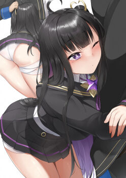 1boy 1girl ahoge ass bandaged_leg bandages black_hair black_shirt black_skirt blush breasts chitose_(stella_sora) colored_inner_hair highres hug large_breasts layered_shirt long_hair male_tyrant_(stella_sora) multicolored_hair nori_aji one_eye_closed panties pleated_skirt purple_eyes purple_hair shirt side_ponytail skirt stella_sora thighs tyrant_(stella_sora) underwear white_panties white_shirt