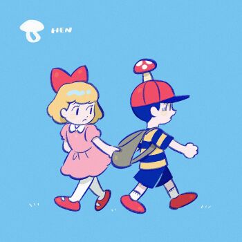 1boy 1girl arm_behind_back backpack bag baseball_cap black_hair blonde_hair blue_background blue_shorts bow closed_mouth collared_dress dot_nose dress frown full_body hair_bow hat highres holding leggings looking_to_the_side mother_(series) mother_2 multicolored_shirt mushroom mushroom_on_head nata_(mmgt_nn) ness_(mother_2) nintendo outstretched_arm paula_(mother_2) pink_dress red_bow shirt shoes short_hair short_sleeves shorts socks walking white_leggings white_socks