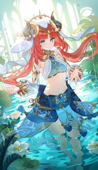 1girl absurdres aqua_eyes barefoot blue_gemstone blue_skirt breasts circlet commentary crop_top fake_horns flower gem genshin_impact gold_trim highres horns komiya_latte long_hair long_sleeves medium_breasts navel nilou_(genshin_impact) puffy_long_sleeves puffy_sleeves red_hair skirt solo stomach veil very_long_hair wading water white_flower white_veil