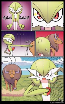 ... absurdres anger_vein artist_name bob_cut brown_fur colored_skin emphasis_lines fleeing gardevoir gen_1_pokemon gen_3_pokemon grass green_hair green_skin highres horns multicolored_skin nintendo pink_eyes pokemon pokemon_(creature) punching signature sweatdrop tauros two-tone_skin white_skin winkyfaces