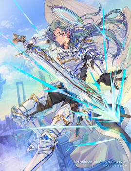 1boy angel angel_wings aqua_hair armor armored_boots belt black_gloves blue_belt blue_eyes boots braid breastplate brown_belt building cardfight!!_vanguard closed_mouth cloud coat collared_coat copyright_notice cuisses curtained_hair day energy faulds feathered_wings fighting_stance floating_island flying foot_out_of_frame gauntlets gloves greatsword greaves grey_coat grey_pants hair_between_eyes hair_ornament hair_tubes halo highres holding holding_sword holding_weapon ichiko_milk_tei long_hair looking_at_viewer male_focus mechanical_halo official_art outstretched_arm pants pauldrons poleyn sabaton shoulder_armor side_braid sideways_glance smile sword two-sided_coat two-sided_fabric weapon white_armor white_coat white_wings wings