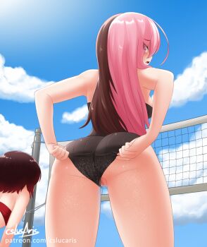 2girls adjusting_clothes adjusting_swimsuit beach_volleyball bikini bikini_top_only black_bikini blue_sky blush brown_hair censored cloud cslucaris day embarrassed eyes_visible_through_hair has_uncensored_version long_hair looking_at_viewer looking_back mosaic_censoring multicolored_hair multiple_girls neopolitan_(rwby) open_mouth outdoors pink_eyes pink_hair pussy red_bikini red_hair ruby_rose rwby short_hair signature sky solo_focus split-color_hair straight_hair swimsuit two-tone_hair watermark web_address