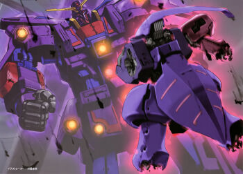 artist_request battle beam_cannon copyright_logo damaged duel energy exposed_internal_machinery fake_screenshot glowing gundam gundam_zz highres logo machinery mecha mecha_focus mobile_suit neo_zeon official_art psycho_gundam_mk_ii qubeley_mk_ii robot science_fiction severed_limb size_difference spoilers sunrise_(company)
