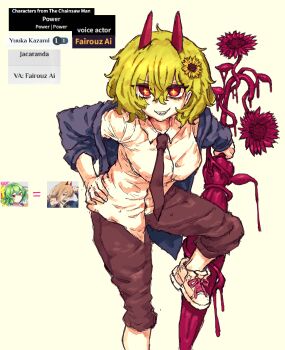 Rule 34 | + +, 2girls, absurdres, breasts, brown necktie, brown pants, chainsaw man, closed umbrella, collared shirt, commentary, demon horns, flower, fusion, grin, hair between eyes, hair flower, hair ornament, hand on own hip, highres, holding, holding umbrella, horns, kazami yuuka, korean commentary, long sleeves, looking at viewer, medium breasts, medium hair, multiple girls, necktie, pants, power (chainsaw man), rampa93, red horns, sharp teeth, shirt, shoes, smile, sunflower, teeth, touhou, touhou lostword, umbrella, voice actor connection, white shirt, white shoes, yellow flower