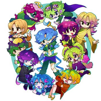 4boys 6+girls :d :p ahoge annotated arms_behind_head asymmetrical_pants bandana bandana_around_neck bare_shoulders black_boots black_coat black_shirt black_shorts blonde_hair blue_arm_warmers blue_eyes blue_hair blue_tongue boots breasts bright_pupils brown_arm_warmers brown_eyes brown_hair brown_shorts cape chinese_commentary closed_mouth coat colored_skin colored_tips colored_tongue commentary_request conceal_mint crescent cropped_jacket curtained_hair deformed detached_sleeves double-parted_bangs drooling dusk_lobber_(plants_vs._zombies) ear_piercing earrings eye_mask fang fewer_digits flat_chest flipped_hair full_body gloom-vine goggles goggles_on_head gradient_hair green_eyes green_hair green_jacket green_mask green_pants green_shirt grimrose_(plants_vs._zombies) grin hair_behind_ear hair_between_eyes hair_ornament hair_over_one_eye hat highres holding holding_scepter hood hood_down hooded_jacket index_finger_raised ive0iv7307 jacket japanese_clothes jewelry kimono knee_boots leaf_hair_ornament long_hair looking_at_object looking_at_viewer low_twintails lying mask moonflower_(plants_vs._zombies) mouth_drool multicolored_hair multiple_boys multiple_girls murkadamia_nut navel necklace nightshade_(plants_vs._zombies) noctarine off-shoulder_shirt off_shoulder on_back on_stomach one_eye_covered open_clothes open_coat open_jacket open_mouth pants personification piercing pink_hair pink_hood pink_sleeves plants_vs._zombies plants_vs._zombies_2 plants_vs._zombies_2_(chinese) pointy_ears purple_bandana purple_boots purple_cape purple_eyes purple_hair purple_pants purple_shirt purple_shorts reaching sandals scepter shadow-shroom shadow_peashooter_(plants_vs._zombies) shadow_vanilla shirt short_hair short_shorts short_sleeves shorts simple_background single_detached_sleeve sleeping small_breasts smile spiked_hair_ornament tassel tassel_earrings teeth thigh_boots tongue tongue_out twintails two-tone_hair upper_teeth_only white_background white_pupils white_skin wide_sleeves yellow_hat yellow_kimono yellow_sandals