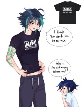 2boys annidrw arm_tattoo black_hair black_pants black_shirt blue_hair braid closed_eyes clothes_pull commentary english_commentary english_text genshin_impact green_hair highres male_focus midriff multicolored_hair multiple_boys nine_inch_nails open_mouth pants shirt shirt_pull stomach t-shirt tattoo venti_(genshin_impact) white_shirt xiao_(genshin_impact) yellow_eyes