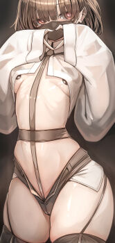 1girl black_hair black_thighhighs crop_top cross cross_pasties exposed_pocket eyes_visible_through_hair finger_heart garter_straps genek highres looking_at_viewer mask micro_shorts mouth_mask open_fly original pasties red_eyes see-through_clothes see-through_shirt shirt short_hair shorts sleeves_past_wrists solo thighhighs