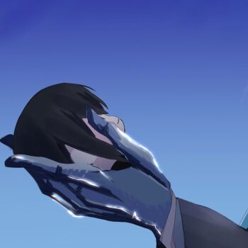 1girl ado_(utaite) blue_background carlos_jpg chando_(ado) character_doll commentary doll hand_focus hashtag-only_commentary highres holding long_sleeves utaite