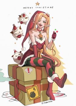 1girl :d ambitious_elf_jinx animal asymmetrical_gloves bare_shoulders belt_bow boots bow box breasts choker christmas collarbone commentary detonator diagonal-striped_pantyhose dress elbow_gloves english_commentary english_text explosive full_body fur-trimmed_boots fur-trimmed_dress fur-trimmed_gloves fur-trimmed_headwear fur_trim gift gift_box gloves green_eyes green_pantyhose hat highres holding holding_detonator jinx_(league_of_legends) league_of_legends long_hair looking_at_viewer merry_christmas official_alternate_costume official_alternate_hair_color on_box open_mouth orange_bow orange_hair pantyhose pointy_ears poro_(league_of_legends) red_boots red_choker red_dress red_gloves red_hat red_pantyhose santa_hat sawolapril single_elbow_glove sitting sitting_on_box sitting_on_gift_box small_breasts smile smoke star_(symbol) strapless strapless_dress teeth twintails twitter_username two-tone_pantyhose upper_teeth_only very_long_hair wire