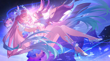 1girl absurdres amphoreus_(honkai:_star_rail) chinese_commentary chrysos_heirs_(honkai:_star_rail) commentary_request cyrene_(demiurge)_(honkai:_star_rail) cyrene_(honkai:_star_rail) dress fengtu_ad flower highres holding holding_quill honkai:_star_rail honkai_(series) long_hair mem_(honkai:_star_rail) pink_fur pink_hair purple_flower purple_rose quill rose tail very_long_hair white_dress