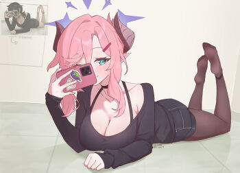 1girl alternate_costume artist_name black_choker black_shirt black_shorts blue_archive blue_halo breasts brown_horns casual cellphone choker cleavage closed_mouth collarbone commentary covering_face demon_horns english_commentary feet_up green_eyes hair_between_eyes hair_ornament hairclip halo halterneck highres holding holding_phone horns juri_(blue_archive) large_breasts lying mole mole_under_eye no_shoes o_ame_9 on_floor on_stomach pantyhose phone phone_over_face pink_hair pointy_ears reference_inset shirt shorts signature smartphone smile solo